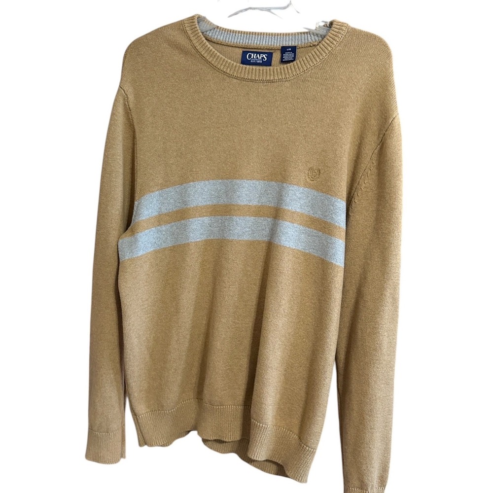 Chaps Mens Tan Cotton Crewneck Sweater Grey Chest Stripes Large L Logo Pullover